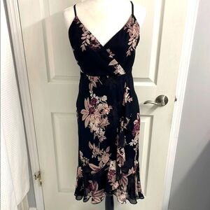 V Neck Black/Purple Floral Wrap Dress High Low Ruffled Hem Adjustable Strap Sz S